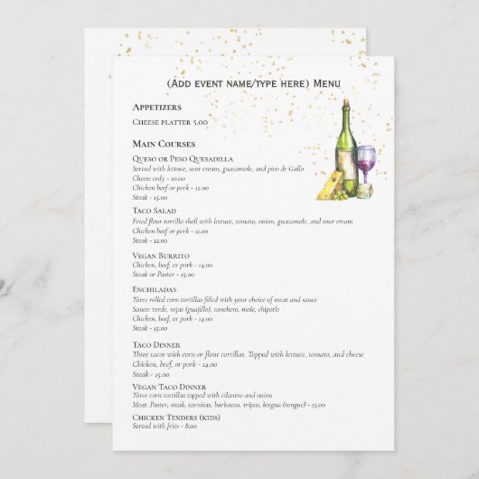 Invitation Élégant menu à double face Modèle fromage à vin (Devant / Derrière)