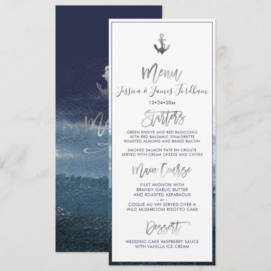 Invitation Élégant+Menu Chic Ancre Argent Faux (Devant / Derrière)