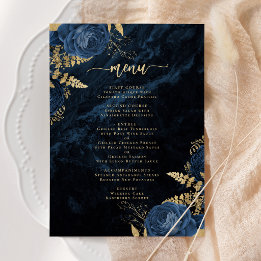 Invitation Élégant Menu de Mariage Floral Bleu Nuit et Or