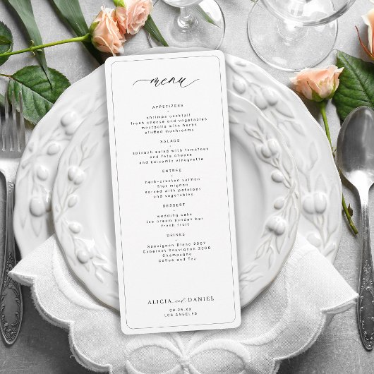 Invitation Élégant menu de mariage imprimable noir et blanc
