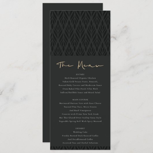 INVITATION ÉLÉGANT MENU MARIAGE ART DÉCO NOIR OR NOIR (Devant / Derrière)