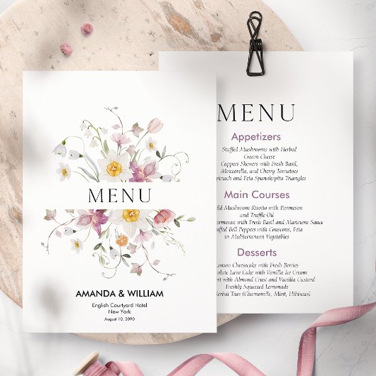 Invitation Élégant menu Mariage Floral