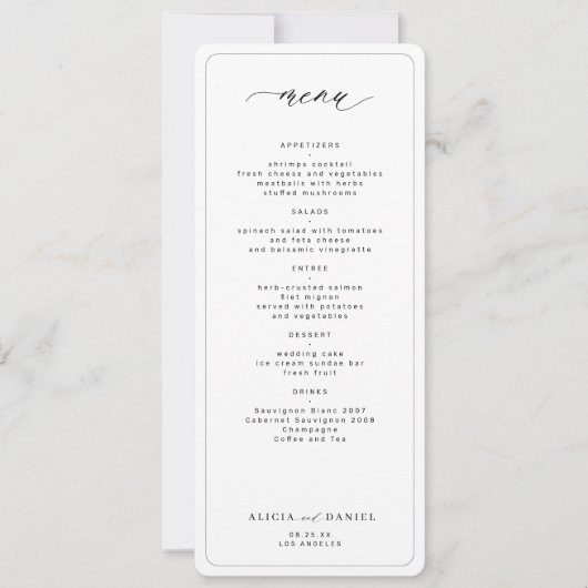 Invitation Élégant menu mariage imprimable noir et blanc (Devant)