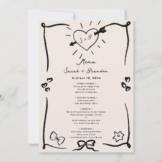 Invitation Elégant menu Mariage noir rétro tiré à la main (Devant)