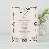 Invitation Elégant menu Mariage noir rétro tiré à la main (Debout devant)