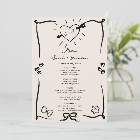 Invitation Elégant menu Mariage noir rétro tiré à la main (Debout devant)