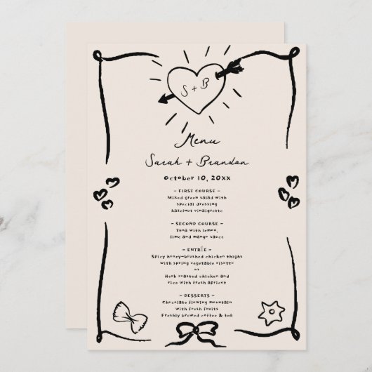 Invitation Elégant menu Mariage noir rétro tiré à la main (Devant / Derrière)