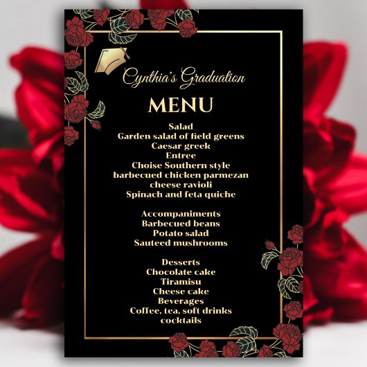 Invitation Élégant menu Red and Gold Graduation