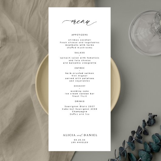 Invitation Élégant menu simple mariage noir et blanc