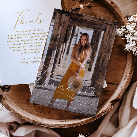 Invitation Élégant Merci de graduation photo script blanc