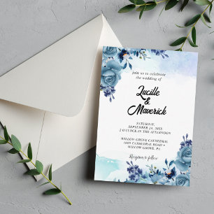 Invitation Élégant Mercredi Floral Bleu Fleurs Aquarelle