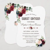 Invitation Elégant Merlot Marine bleu Floral Sweet 16 (Devant / Derrière)