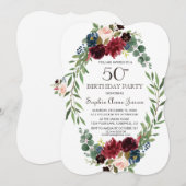 Invitation Elégant Merlot Navy Blue Floral 50e anniversaire (Devant / Derrière)