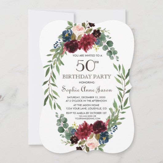 Invitation Elégant Merlot Navy Blue Floral 50e anniversaire (Devant)