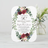 Invitation Elégant Merlot Navy Blue Floral 50e anniversaire (Debout devant)