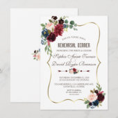 Invitation Elégant Merlot Navy Blue Floral Rehearsal Dîner (Devant / Derrière)