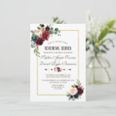 Invitation Elégant Merlot Navy Blue Floral Rehearsal Dîner (Debout devant)