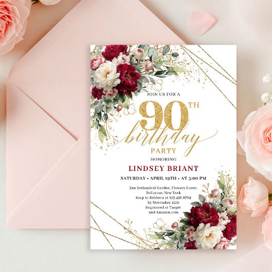 Invitation Elegant Merlot Rose Gold 90th Birthday Invite