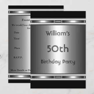 Invitation Élégant métal Look argent noir 50e anniversaire ho
