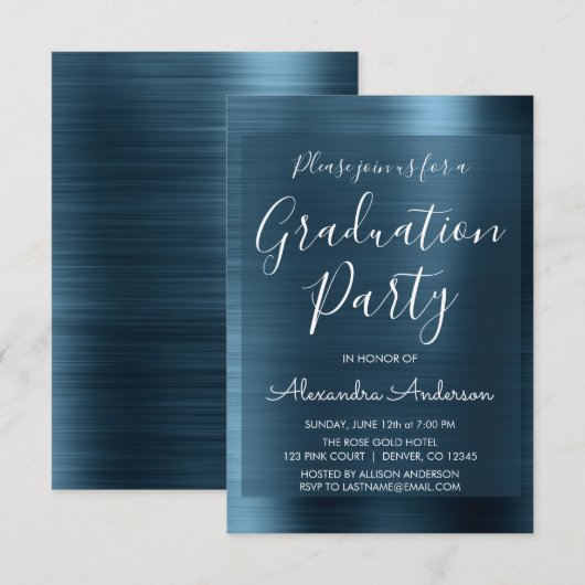 Invitation Elégant Metallic Navy Blue Graduation Party (Devant / Derrière)