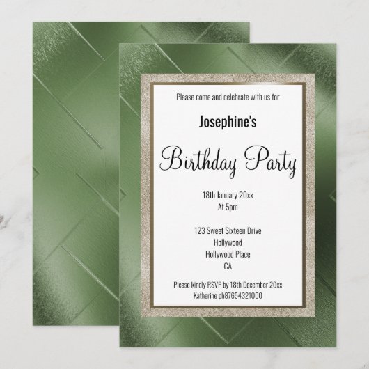 INVITATION ÉLÉGANT METALLIQUE VERT BRONZE MOTIF ANNIVERSAIRE (Devant / Derrière)