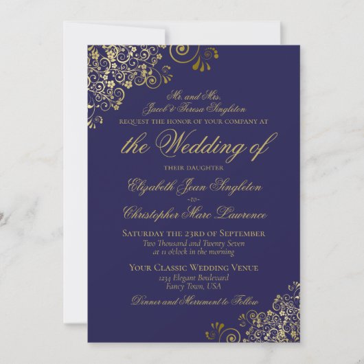 Invitation Elegant Midnight Navy Blue & Gold Formal Wedding (Devant)