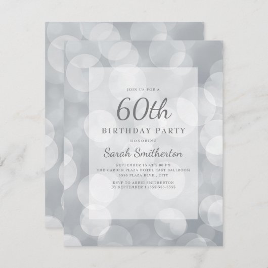 Invitation Elégant mignon Glittery Argent Bokeh 60e anniversa (Devant / Derrière)