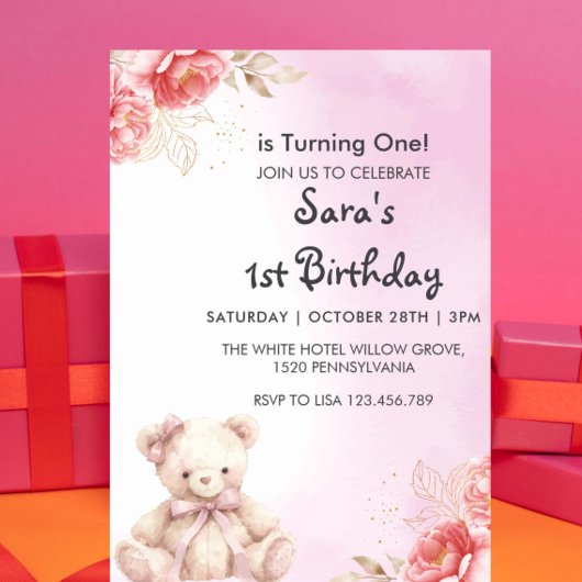 Invitation Elégant & mignon Teddy Floral Premier Anniversaire