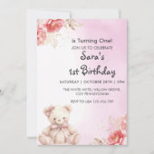 Invitation Elégant & mignon Teddy Floral Premier Anniversaire (Devant)