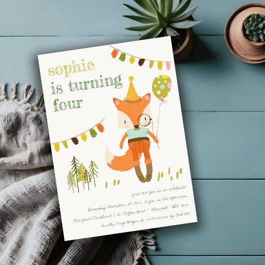 Invitation Élégant mignon Woodland Fun Party Fox Anniversaire