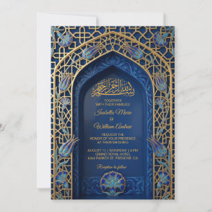 Invitation Élégant Mihrab Bleu Or Mariage Islamique