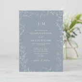 Invitation Élégant mini feuille Dusty Mariage Monogramme bleu (Debout devant)