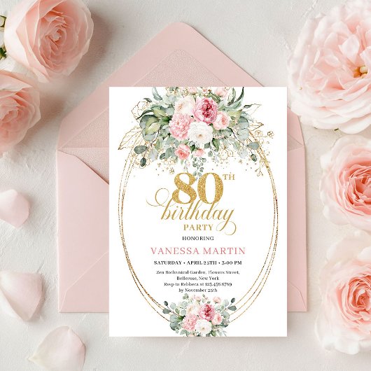 Invitation Elegant Minimal Blush Floral 80th Birthday Invites