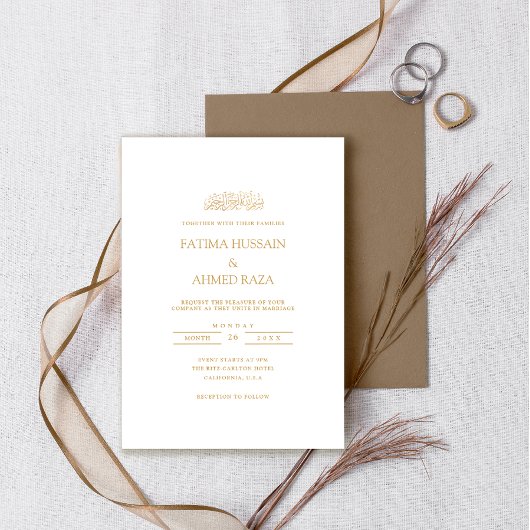 Invitation Élégant Minimal Formel Or Script Mariage Musulman
