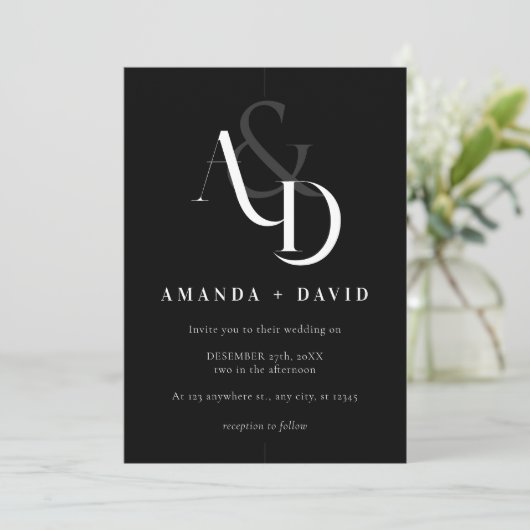 Invitation Élégant minimal noir et blanc Mariage simple (Debout devant)