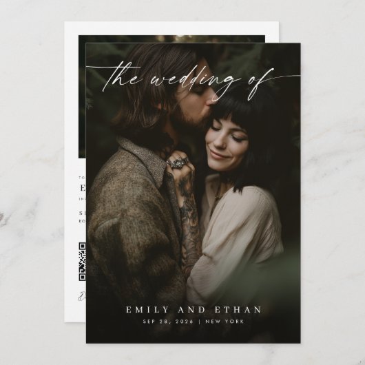 Invitation Elégant minimal QR Code moderne Moody Photo Mariag (Devant / Derrière)