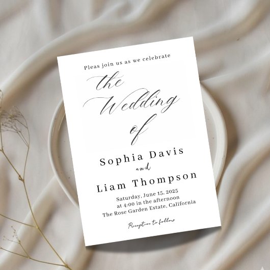 Invitation Elegant Minimal Script Black and White Wedding Inv