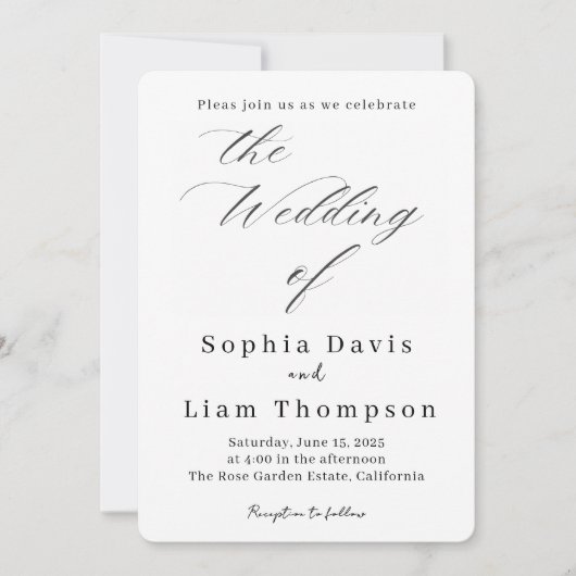 Invitation Elegant Minimal Script Black and White Wedding Inv (Devant)