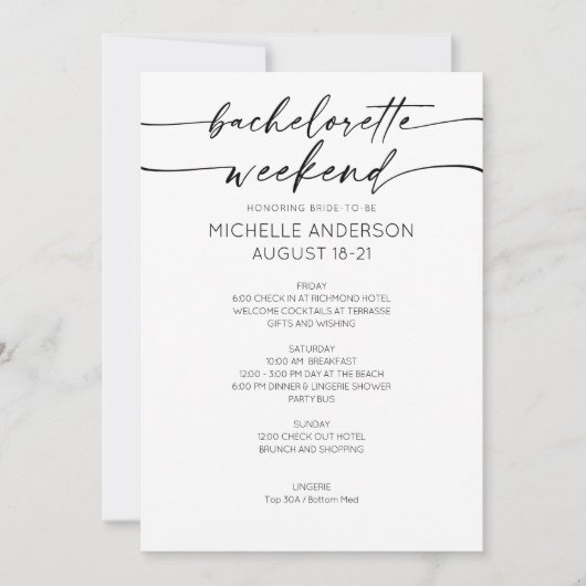 Invitation Elegant Minimalist Bachelorette Weekend Itinerary (Devant)