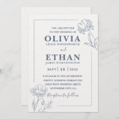 Invitation Elegant Minimalist Blue Floral Sketch Wedding (Devant / Derrière)