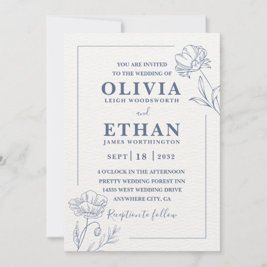 Invitation Elegant Minimalist Blue Floral Sketch Wedding  (Devant)
