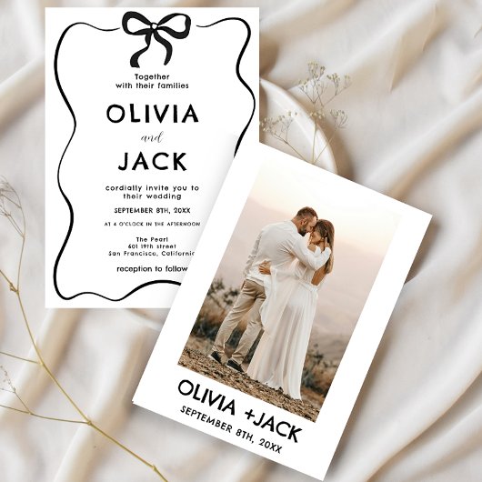 Invitation Elegant Minimalist Bow Hand Drawing Photo Wedding