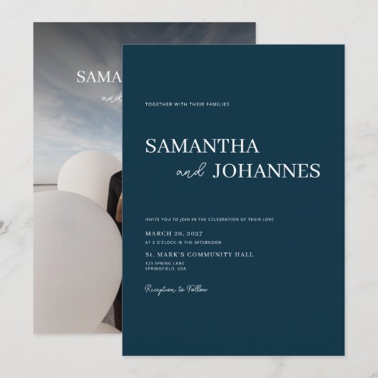 Invitation Elegant Minimalist Modern Blue Photo Wedding (Devant / Derrière)