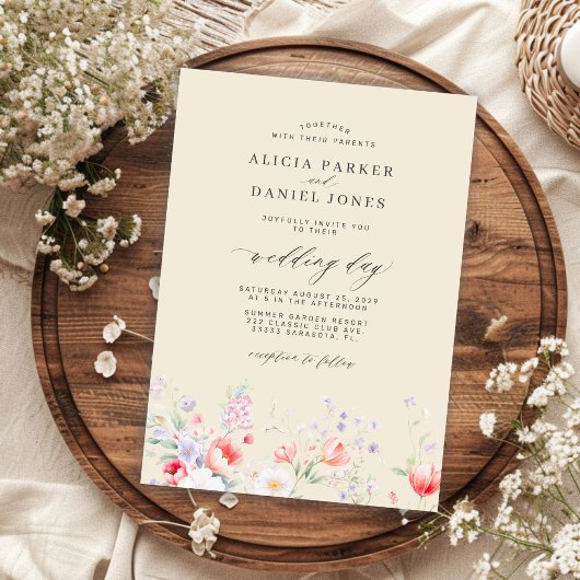 Invitation Elegant minimalist wildflower floral beige wedding