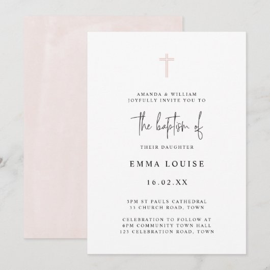 Invitation Élégant Minimaliste Baptême Manuscrit Aquarelle (Devant / Derrière)
