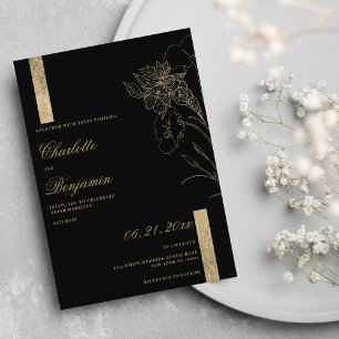 Invitation Elégant minimaliste chic noir mariage floral or no