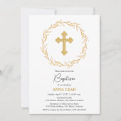 Invitation Élégant minimaliste Croix d'or Wreath Baptême (Devant)