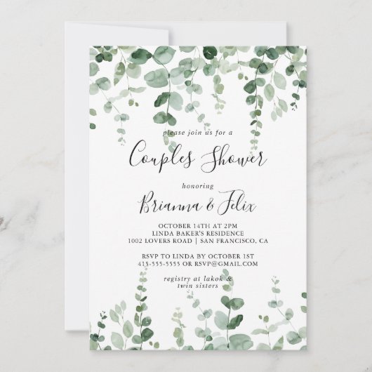 Invitation Elégant minimaliste Eucalyptus Couples Douche (Devant)