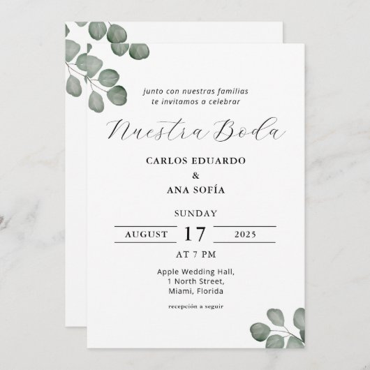 Invitation Élégant minimaliste Mariage bilingue espagnol (Devant / Derrière)
