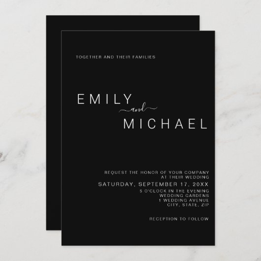 Invitation Élégant minimaliste moderne Mariage noir (Devant / Derrière)